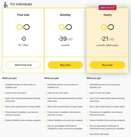 goskills pricing plans for individuals, customer service training program